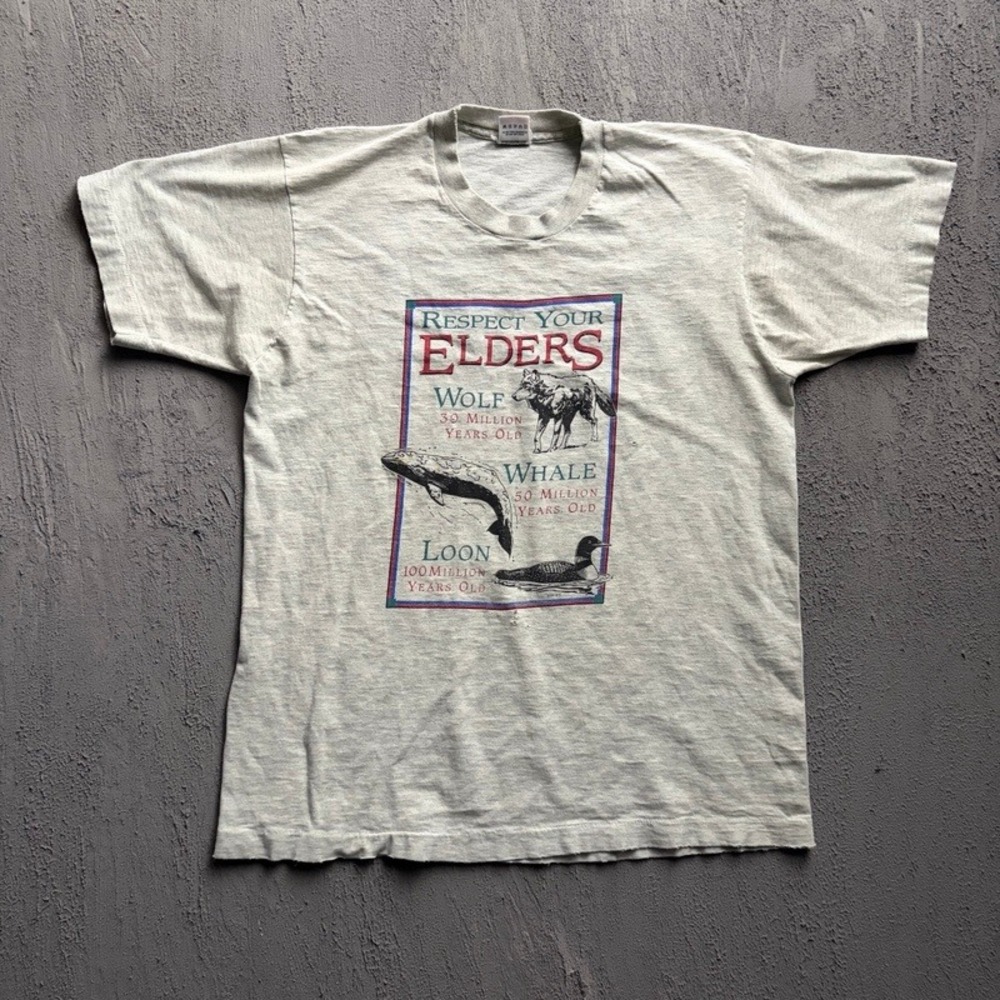 VintageRespect Your Elders Nature Shirt Large Grey 1990s Wolf Whale Loon
